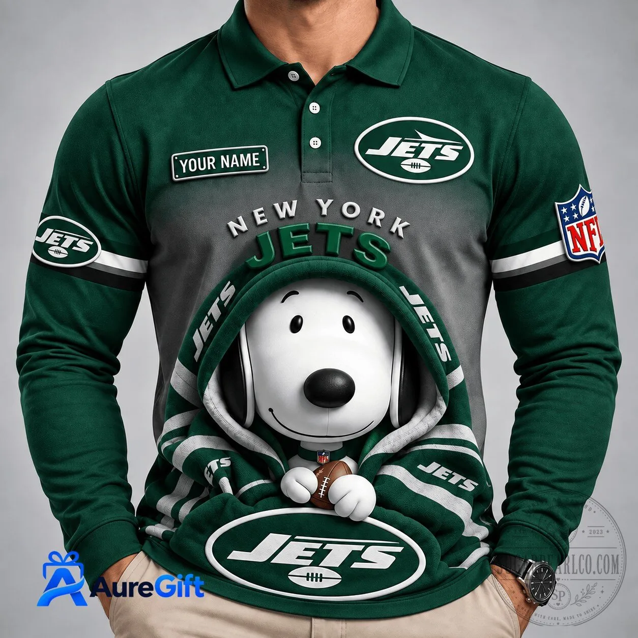 New York Jets Snoopy Christmas Kick Off Personalized Long Sleeve Polo Shirt