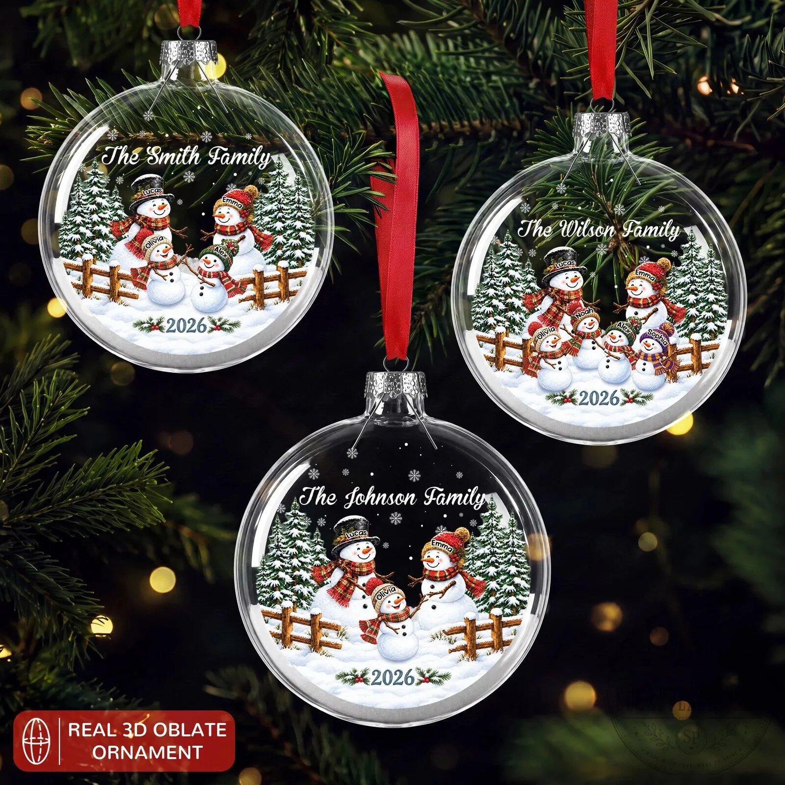 Personalized Snowman Family Christmas Tree Glass Bauble Ornament