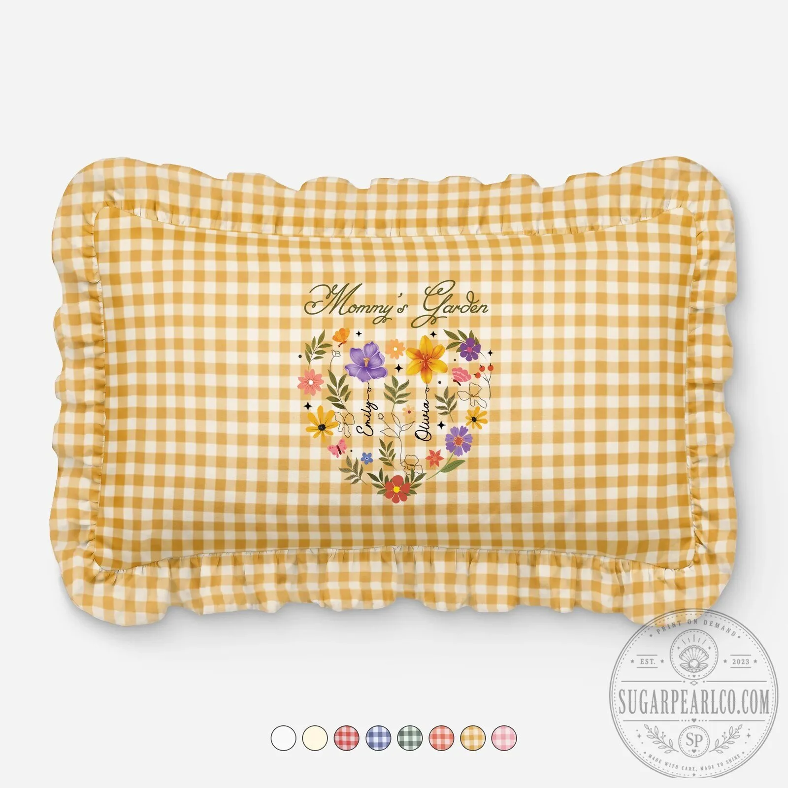 Personalized Mommy's Garden Floral Heart Gingham Ruffle Pillow for Mother's Day