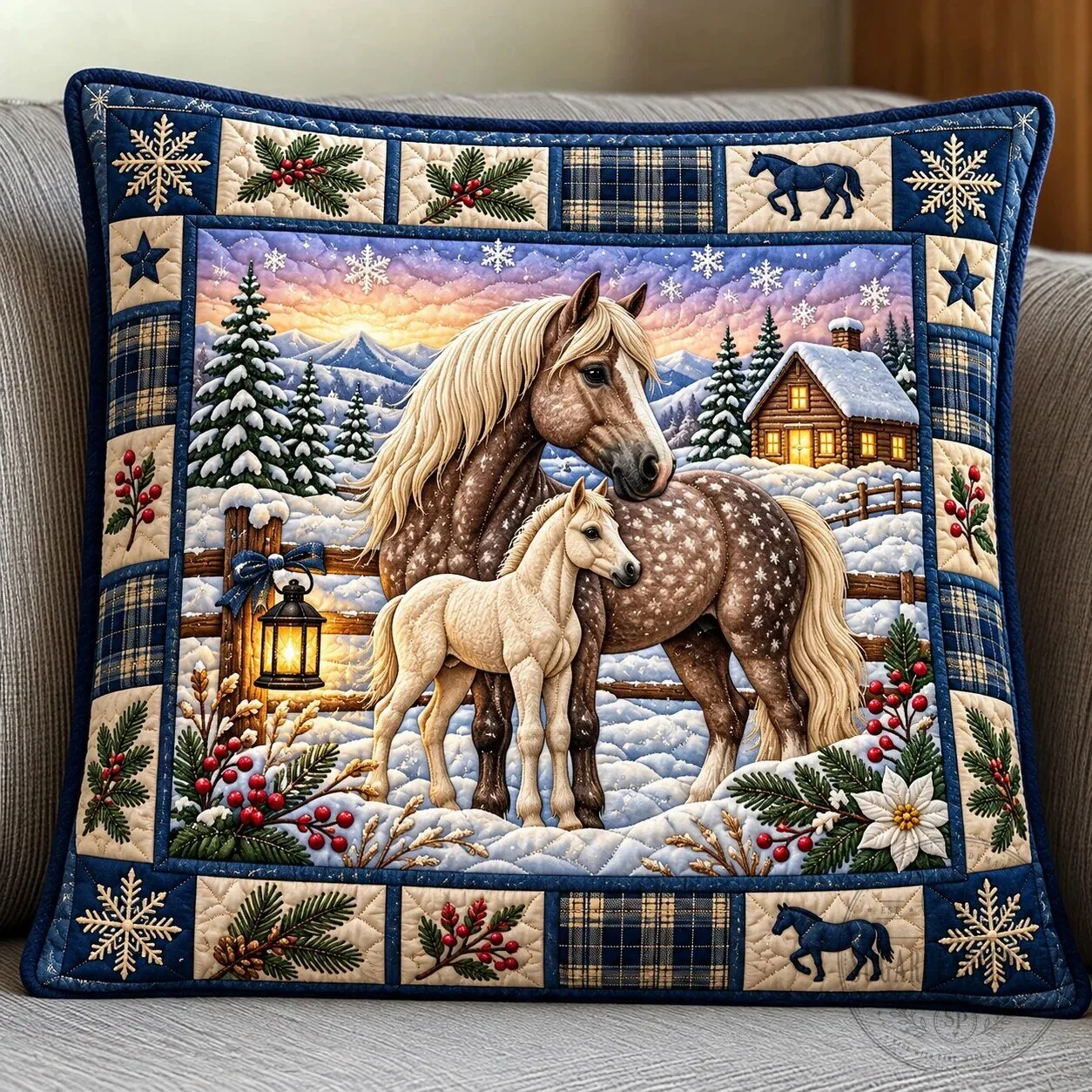 Snowy Winter Horse and Foal Quilted Pillow Case