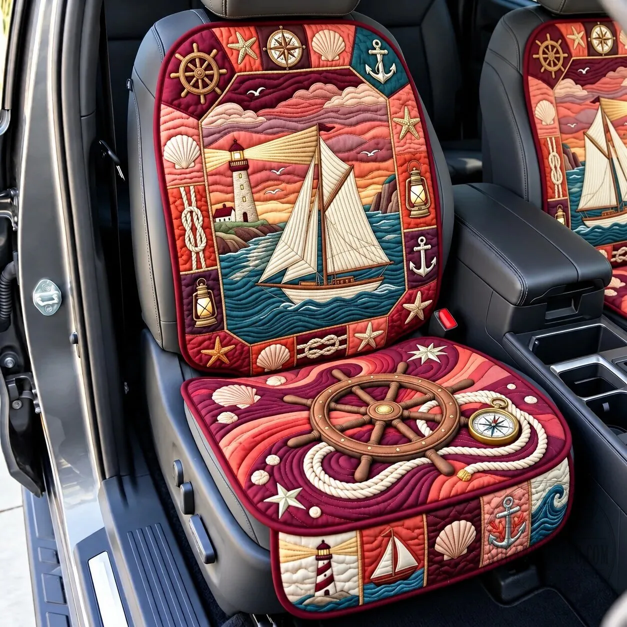 Nautical Lighthouse Sailboat Ocean Quilted Car Seat Cover Protector 1 Nautical Lighthouse Sailboat Ocean Quilted Car Seat Cover Protector