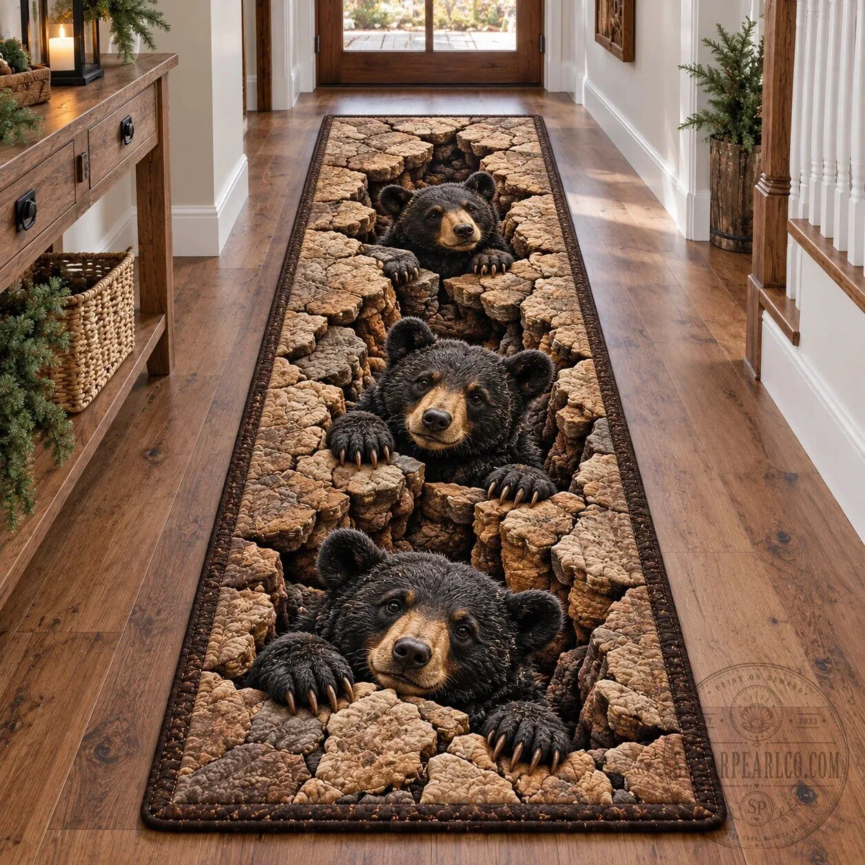 Climbing Black Bear Trio Breaking Out of Ground 3D Illusion Runner Rug