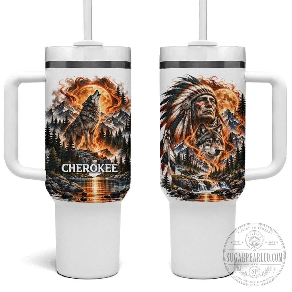 Cherokee Wolf and Native American Chief Tribal Nature Landscape Tumbler With Handle
