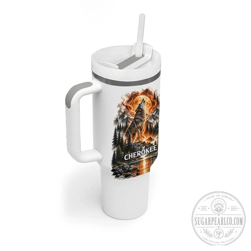 Cherokee Wolf and Native American Chief Tribal Nature Landscape Tumbler With Handle 11 Cherokee Wolf and Native American Chief Tribal Nature Landscape Tumbler With Handle