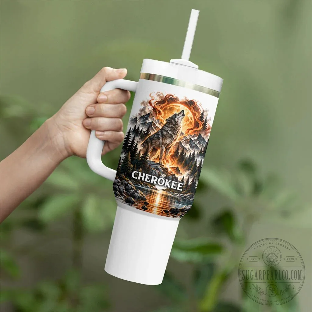 Cherokee Wolf and Native American Chief Tribal Nature Landscape Tumbler With Handle 12 Cherokee Wolf and Native American Chief Tribal Nature Landscape Tumbler With Handle