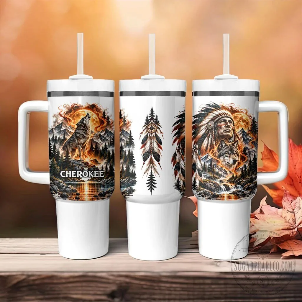 Cherokee Wolf and Native American Chief Tribal Nature Landscape Tumbler With Handle 13 Cherokee Wolf and Native American Chief Tribal Nature Landscape Tumbler With Handle