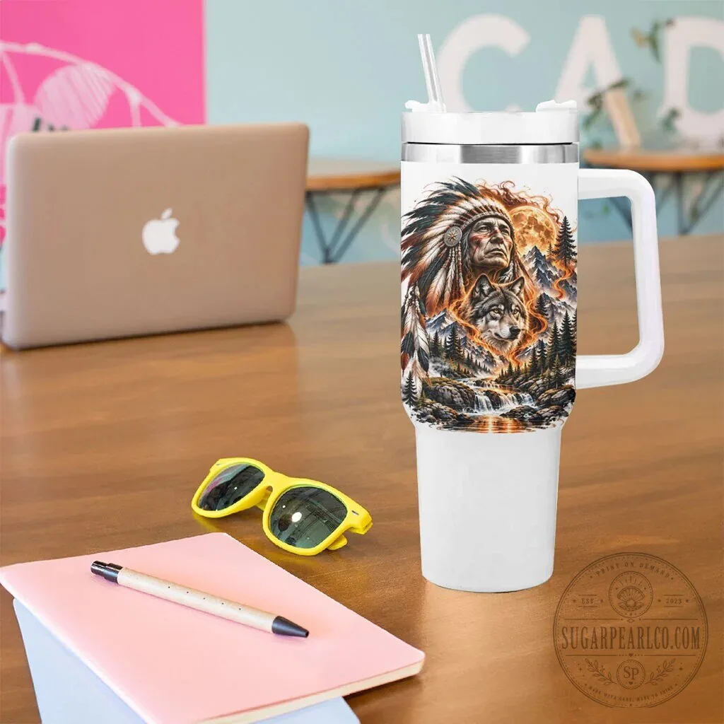 Cherokee Wolf and Native American Chief Tribal Nature Landscape Tumbler With Handle 14 Cherokee Wolf and Native American Chief Tribal Nature Landscape Tumbler With Handle