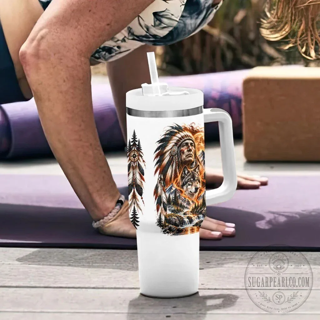 Cherokee Wolf and Native American Chief Tribal Nature Landscape Tumbler With Handle 15 Cherokee Wolf and Native American Chief Tribal Nature Landscape Tumbler With Handle