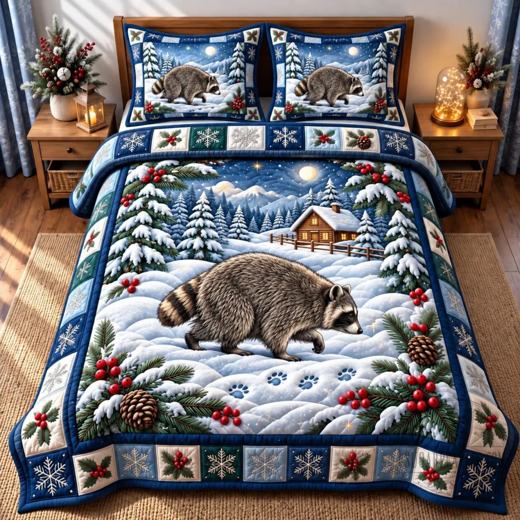 Winter Raccoon Woodland Cabin Christmas Quilted Bedding Set Winter Raccoon Woodland Cabin Christmas Quilted Bedding Set