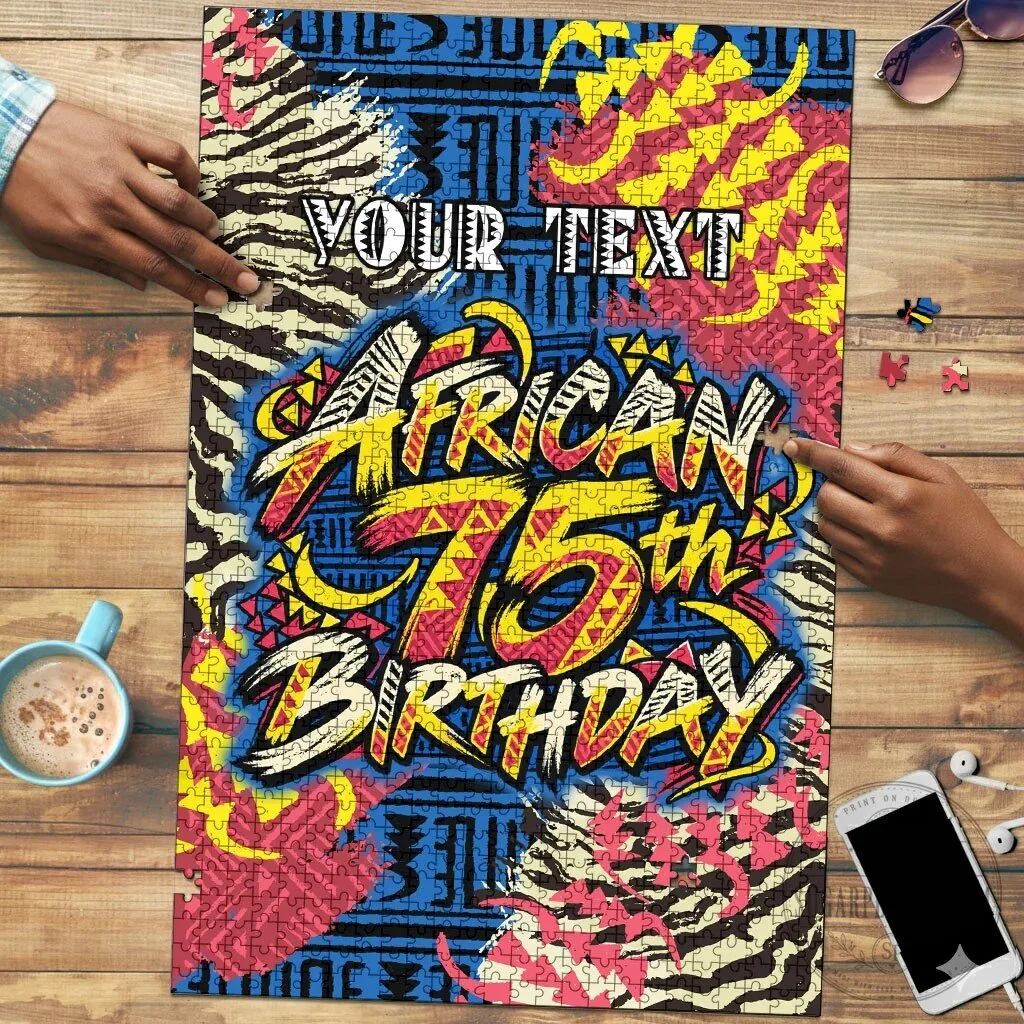 Personalized African 75th Birthday Tribal Striped Heritage Art Puzzle