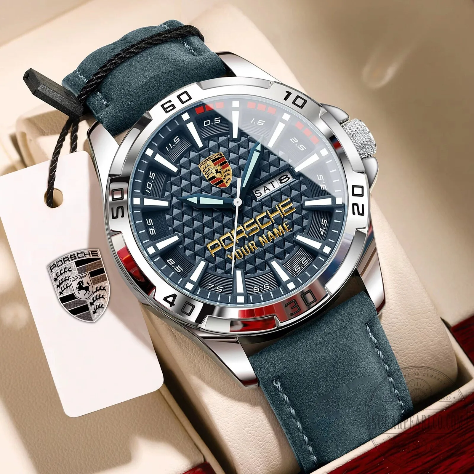 Porsche Custom Name Waterproof Leather Fashion Men's Watch