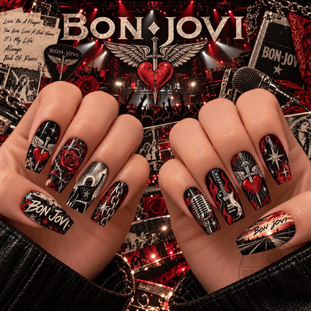Bon Jovi Heart And Dagger Rock And Roll Music Band Press-On Nails Set Bon Jovi Heart And Dagger Rock And Roll Music Band Press-On Nails Set