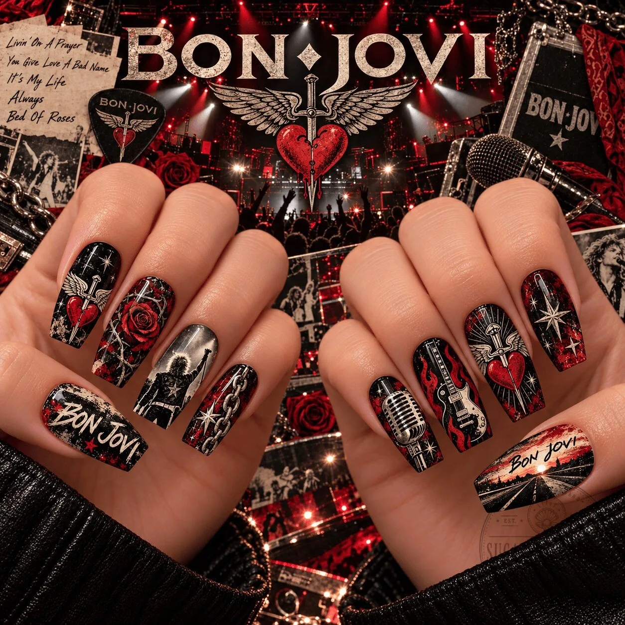 Bon Jovi Heart And Dagger Rock And Roll Music Band Press-On Nails Set