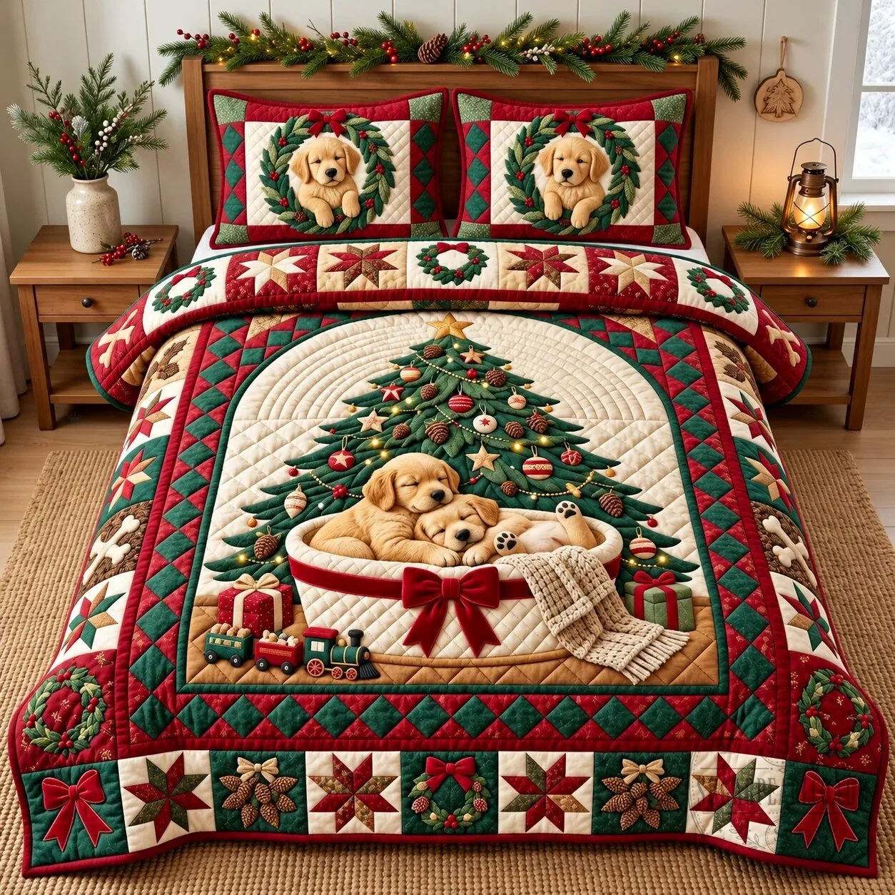 Christmas Golden Retriever Puppies Quilted Bedding Set 7 Christmas Golden Retriever Puppies Quilted Bedding Set
