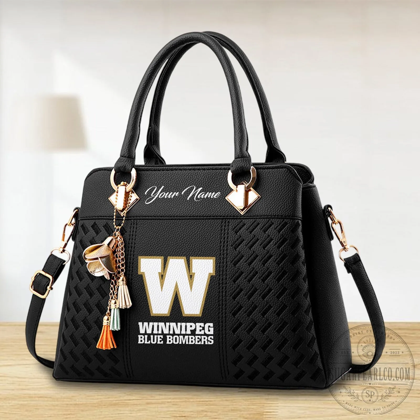 Winnipeg Blue Bombers Personalized Black Faux Leather Handbag
