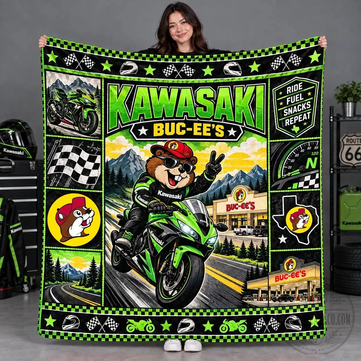 Kawasaki Buc-ee's Beaver Motorcycle Racing Checkered Flag Fleece Blanket 6 Kawasaki Buc-ee
