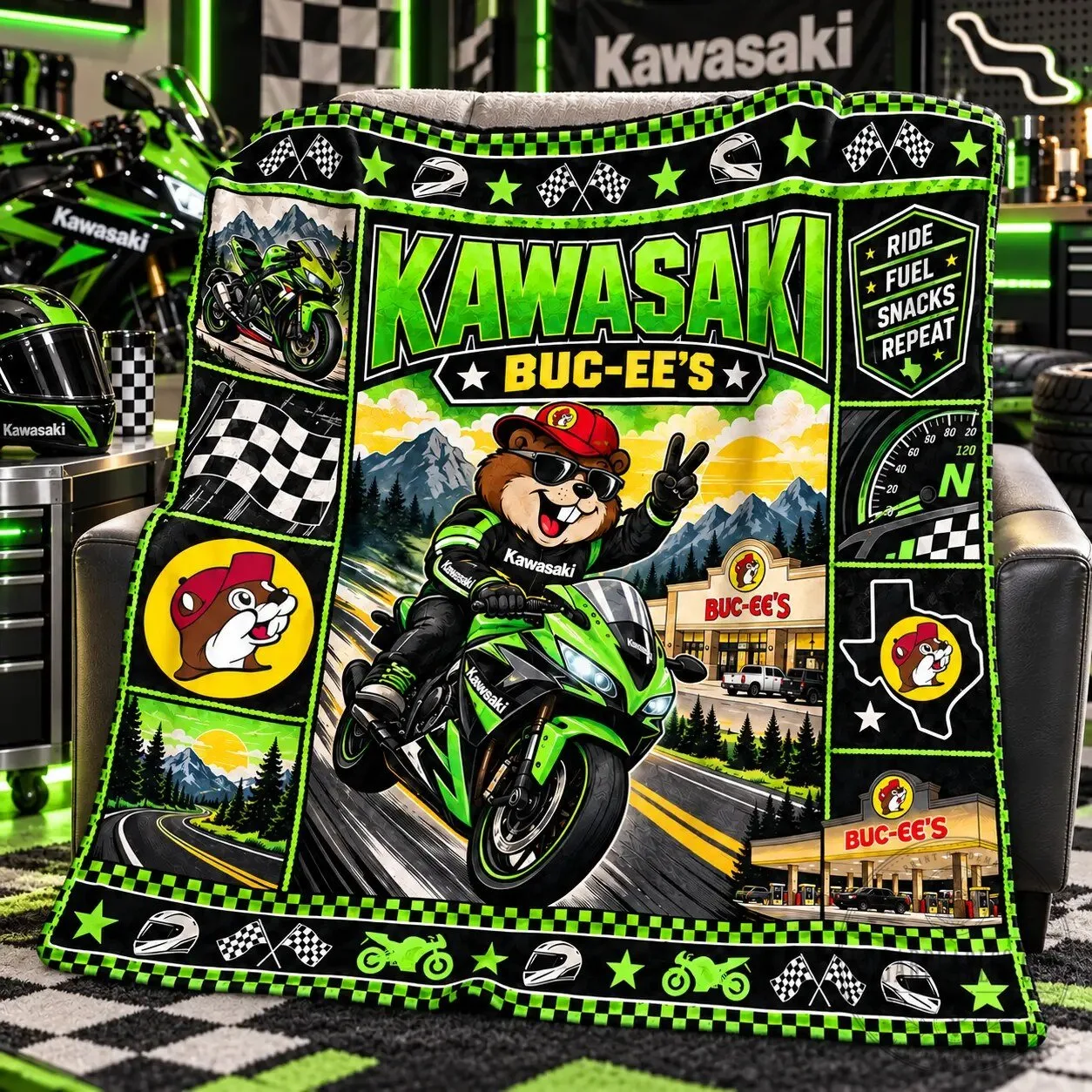Kawasaki Buc-ee's Beaver Motorcycle Racing Checkered Flag Fleece Blanket 7 Kawasaki Buc-ee