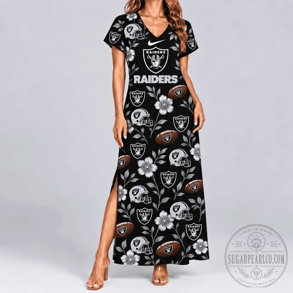 Las Vegas Raiders Football Floral Pattern V-Neck Maxi Dress Las Vegas Raiders Football Floral Pattern V-Neck Maxi Dress