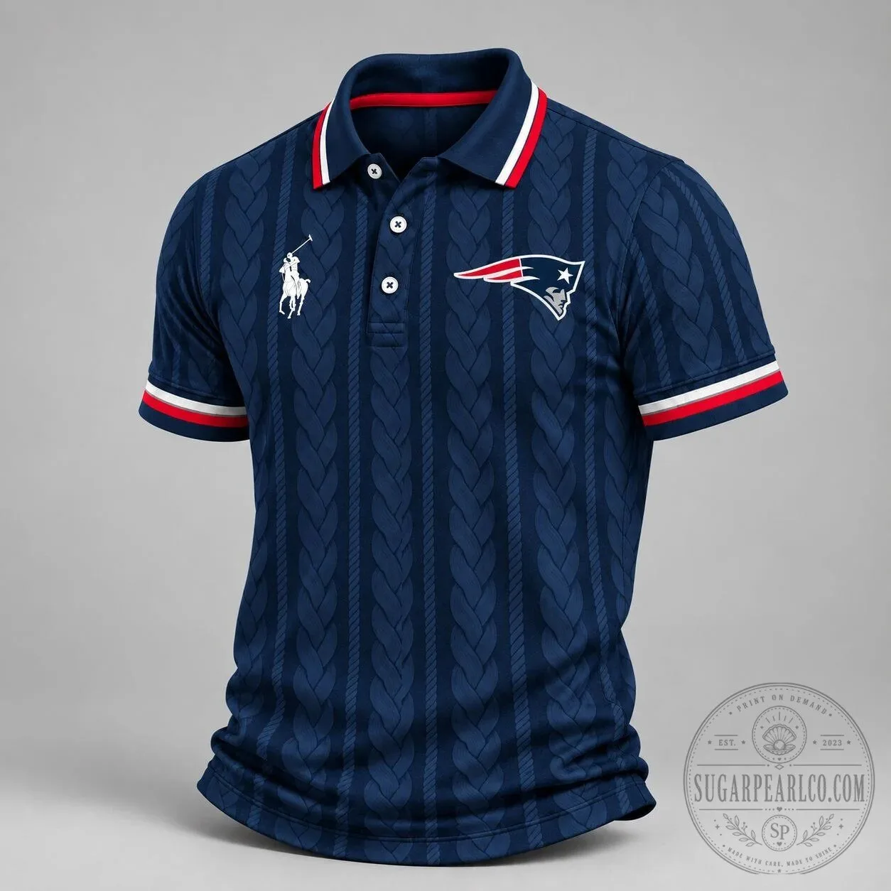 New England Patriots Ralph Lauren Cable Knit Style Polo Shirt 1 New England Patriots Ralph Lauren Cable Knit Style Polo Shirt