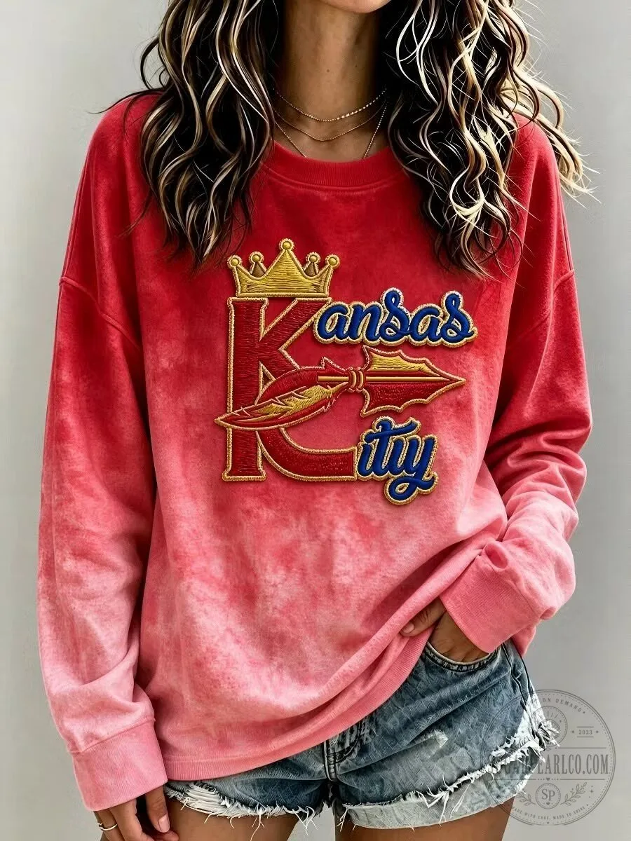 Kansas City Football Crown and Arrow Red Ombre Crewneck Sweatshirt 1 Kansas City Football Crown and Arrow Red Ombre Crewneck Sweatshirt