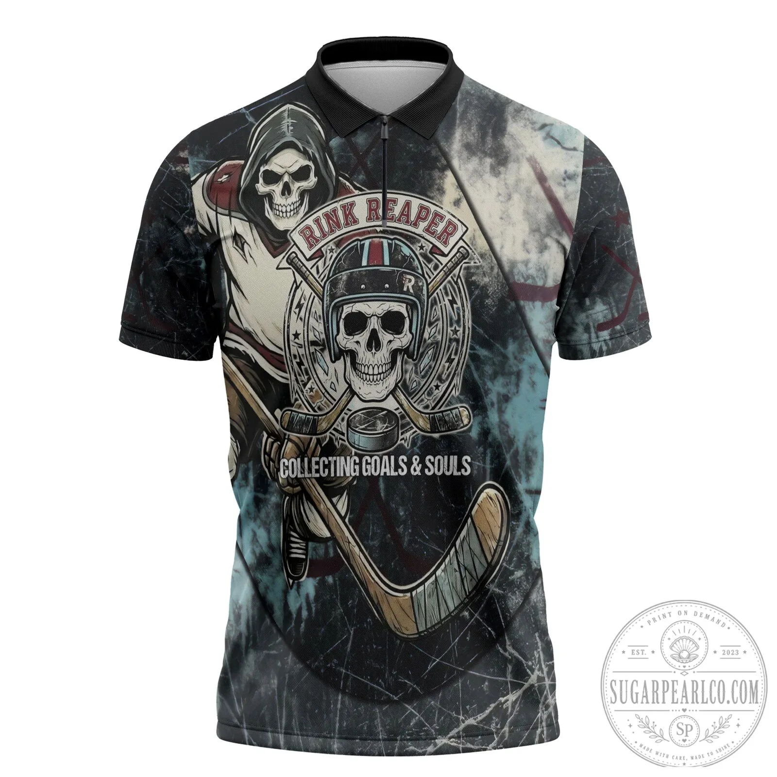 Rink Reaper Ice Hockey Skeleton Player Collecting Goals and Souls Polo Shirt