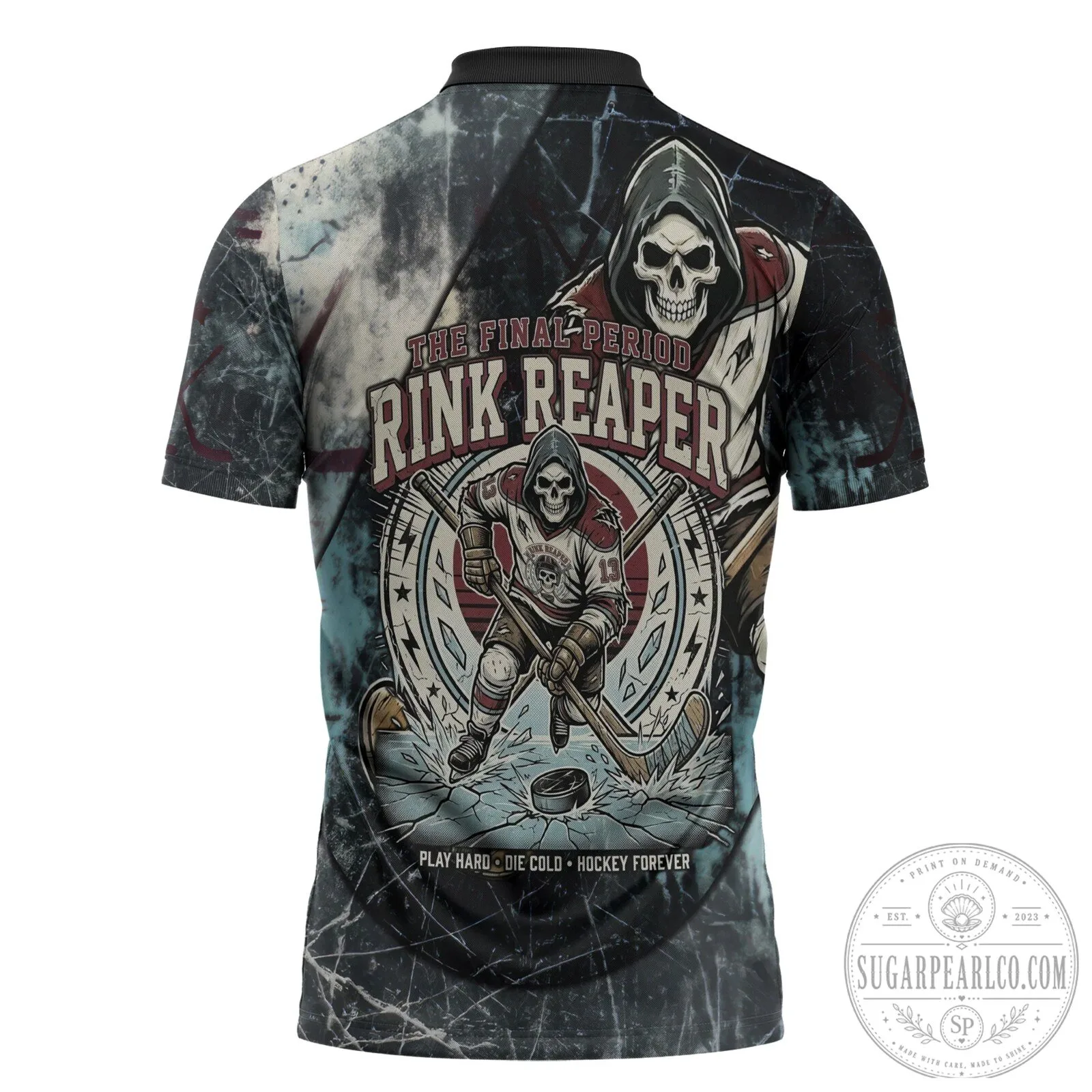 Rink Reaper Ice Hockey Skeleton Player Collecting Goals and Souls Polo Shirt 9 Rink Reaper Ice Hockey Skeleton Player Collecting Goals and Souls Polo Shirt