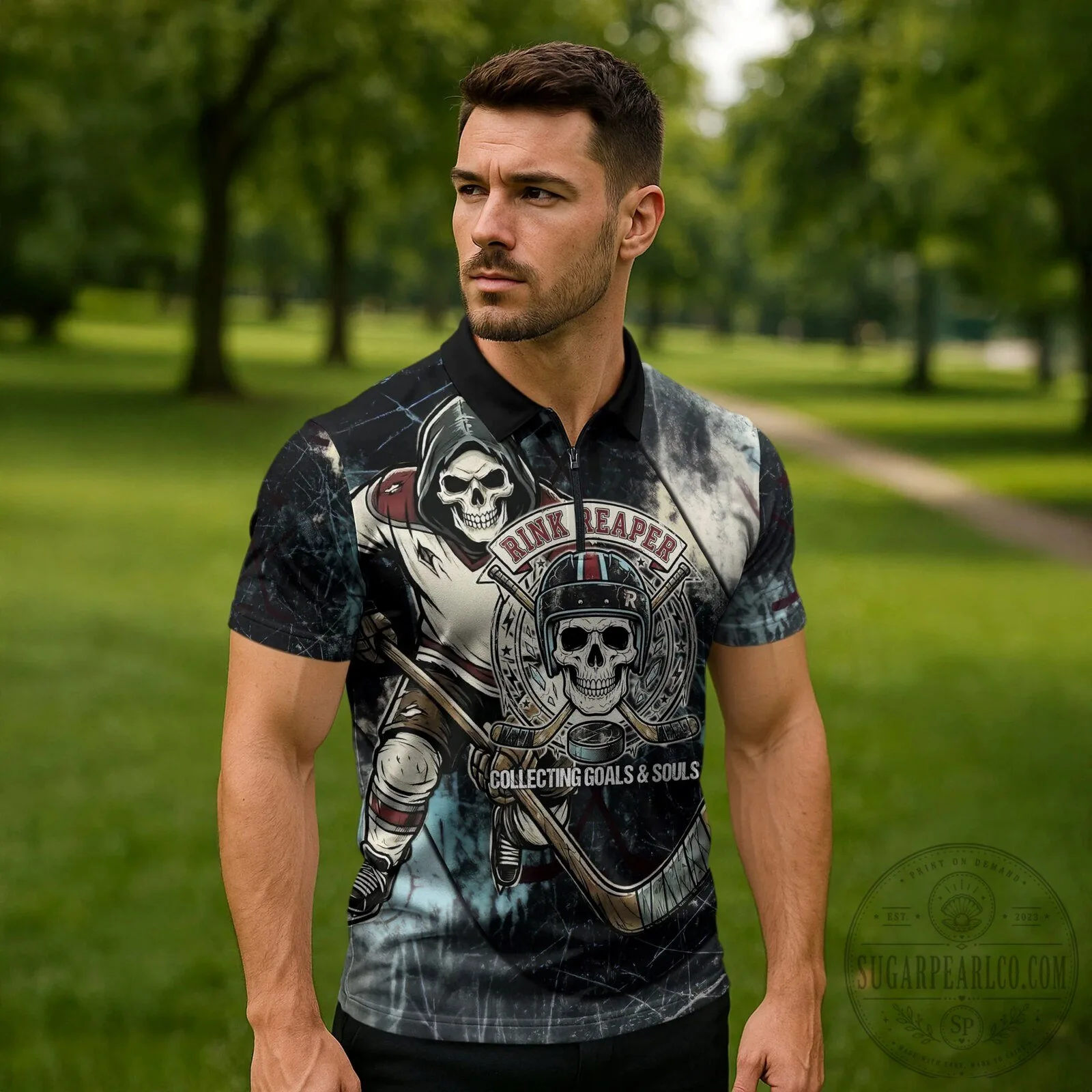Rink Reaper Ice Hockey Skeleton Player Collecting Goals and Souls Polo Shirt 10 Rink Reaper Ice Hockey Skeleton Player Collecting Goals and Souls Polo Shirt