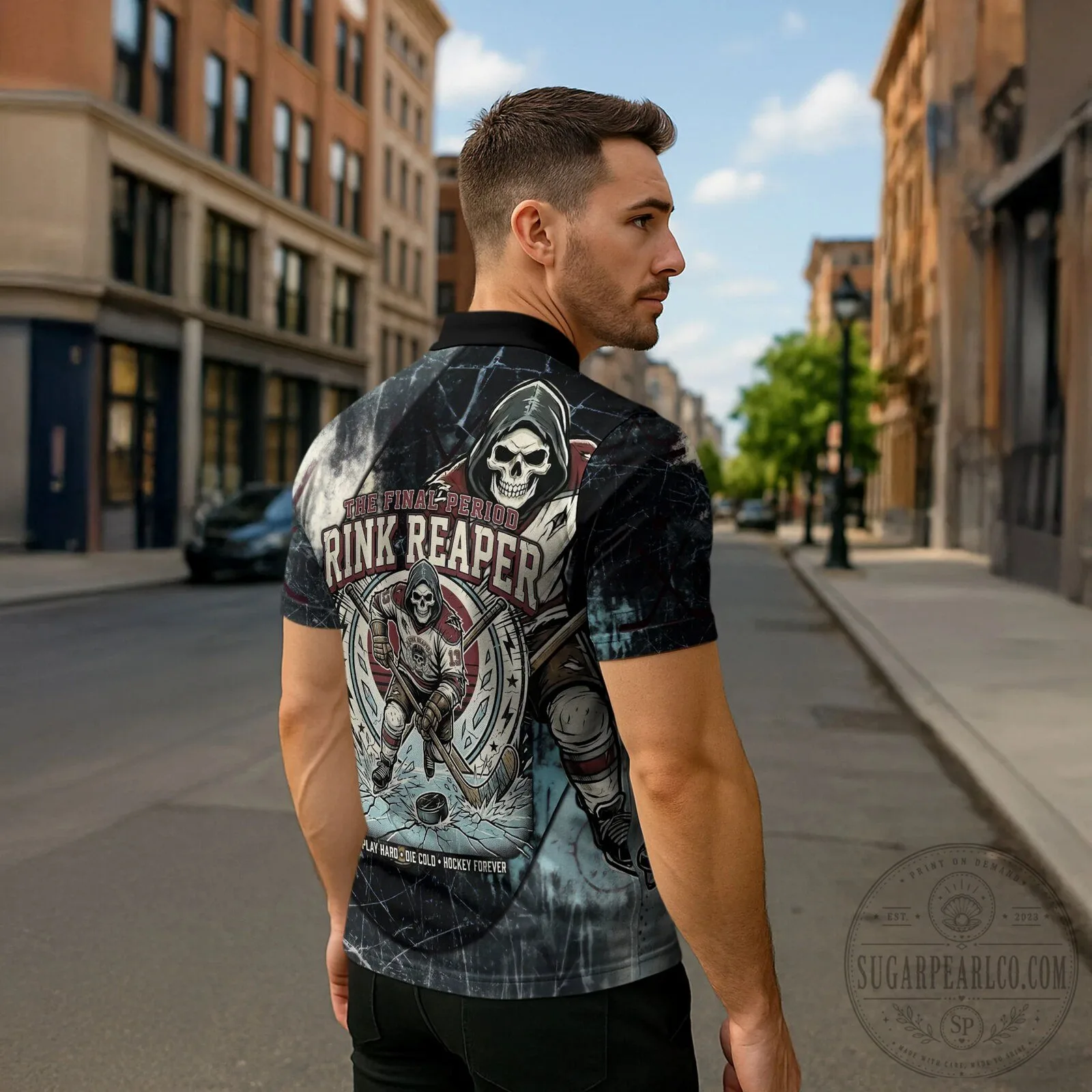 Rink Reaper Ice Hockey Skeleton Player Collecting Goals and Souls Polo Shirt 11 Rink Reaper Ice Hockey Skeleton Player Collecting Goals and Souls Polo Shirt