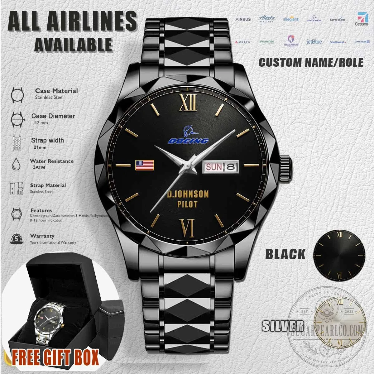 Boeing Pilot Custom Name Stainless Steel Quartz Watch with Gift Box 5 Boeing Pilot Custom Name Stainless Steel Quartz Watch with Gift Box