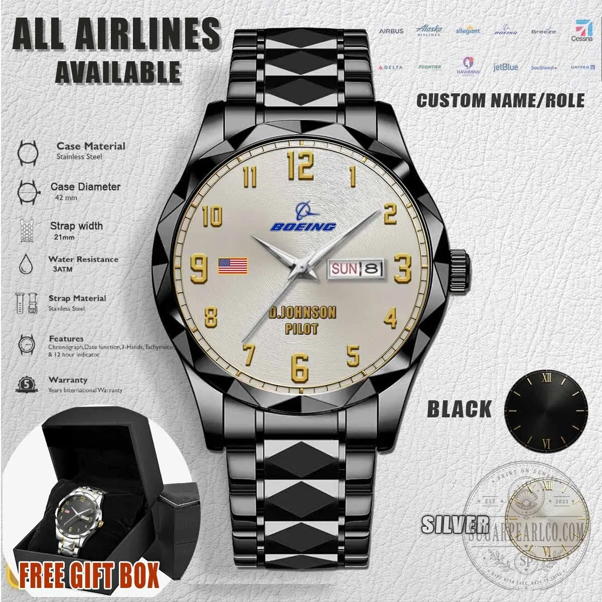 Boeing Pilot Custom Name Stainless Steel Quartz Watch with Gift Box 6 Boeing Pilot Custom Name Stainless Steel Quartz Watch with Gift Box