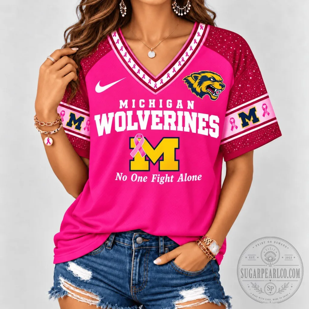 Michigan Wolverines Breast Cancer Awareness No One Fights Alone T-Shirt Michigan Wolverines Breast Cancer Awareness No One Fights Alone T-Shirt