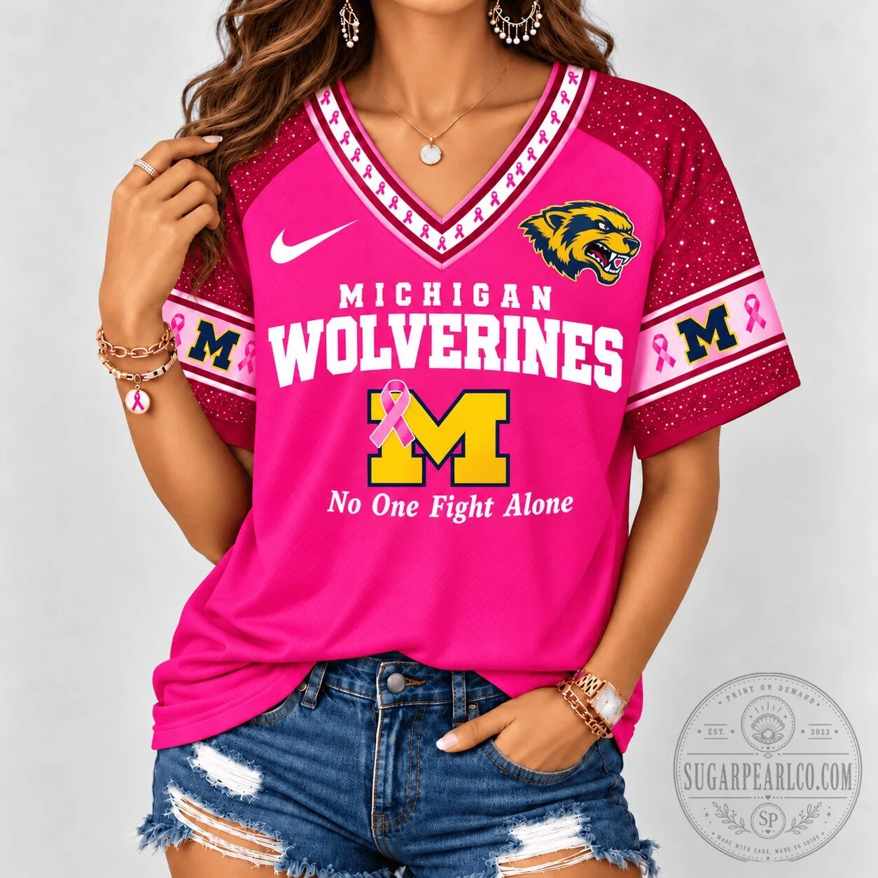Michigan Wolverines Breast Cancer Awareness No One Fights Alone T-Shirt 8 Michigan Wolverines Breast Cancer Awareness No One Fights Alone T-Shirt