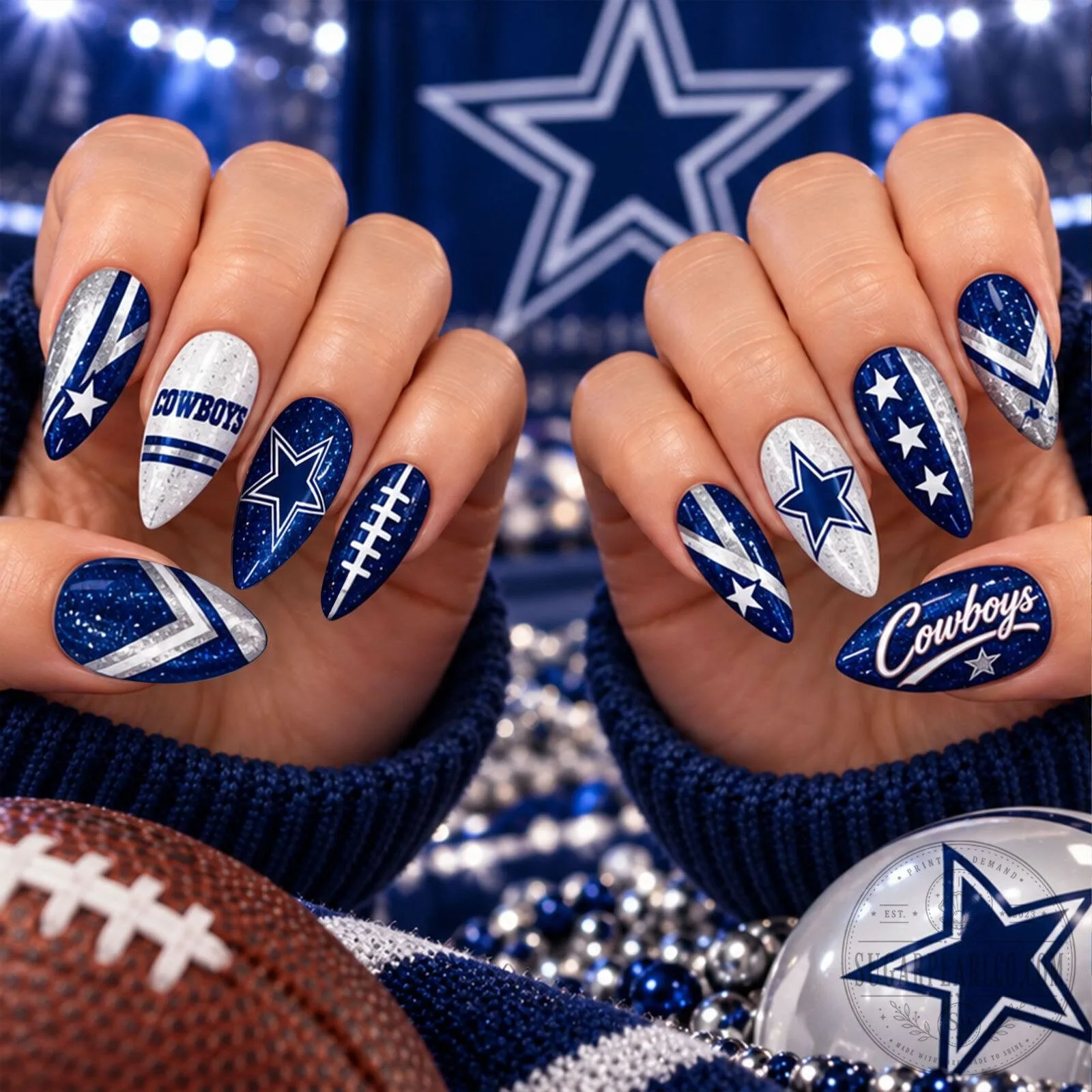 Dallas Cowboys Football Team Sparkle Game Day Fan Press-On Nails Set