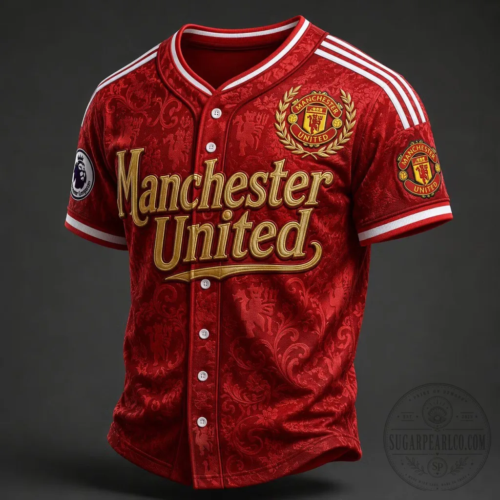 Manchester United Football Club Red Floral Baseball Jersey Manchester United Football Club Red Floral Baseball Jersey