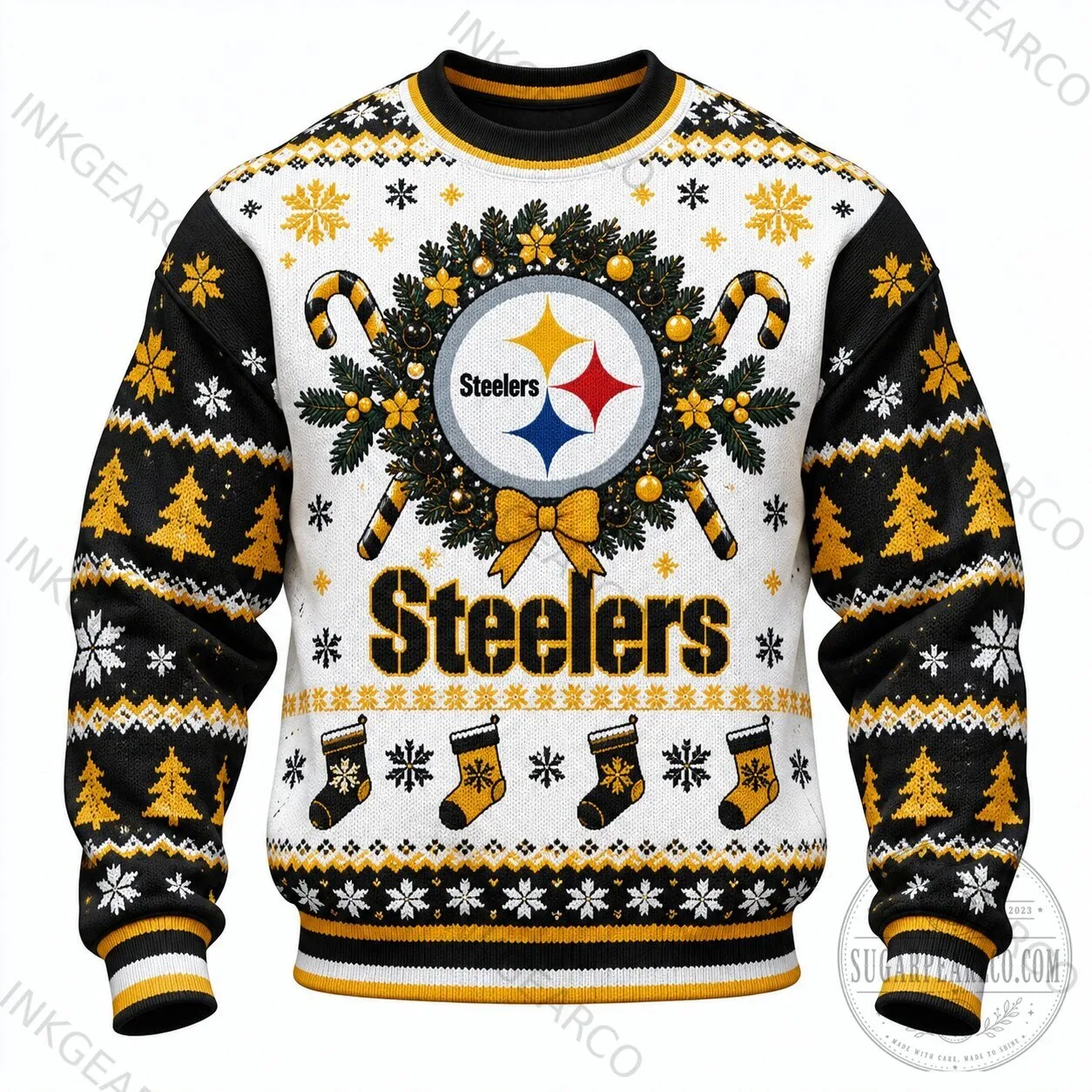 Pittsburgh Steelers Christmas Holiday Wreath Ugly Sweater Crewneck Sweatshirt 2 Pittsburgh Steelers Christmas Holiday Wreath Ugly Sweater Crewneck Sweatshirt