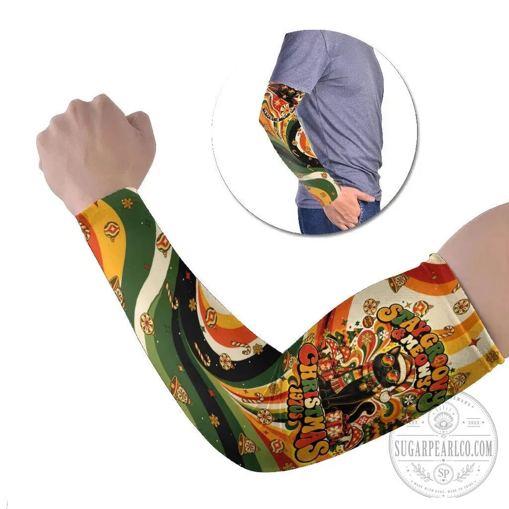 Stay Groovy Meowy Christmas 1970s Retro Holiday Arm Sleeves