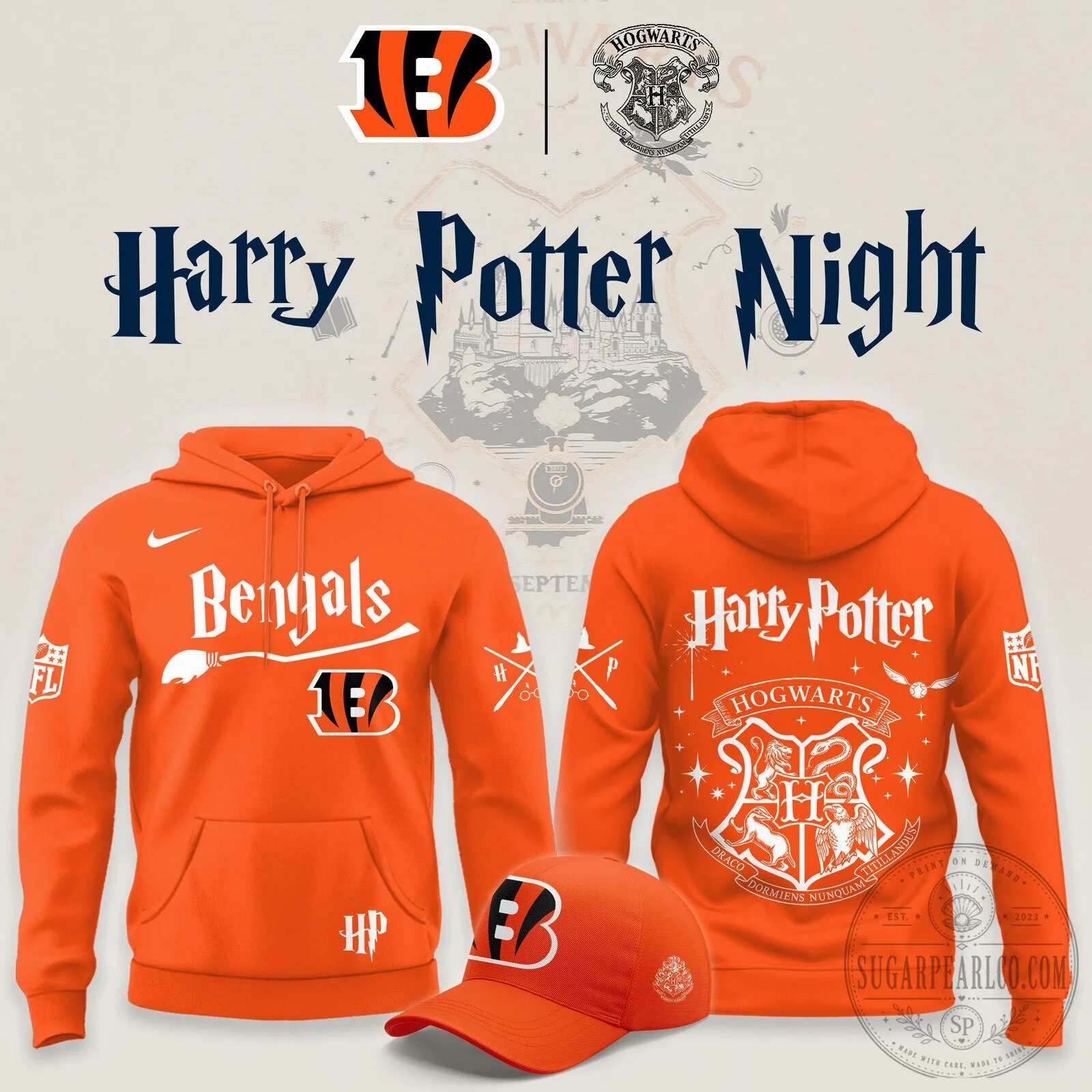 Cincinnati Bengals Harry Potter Night Hogwarts Crest Orange Hoodie