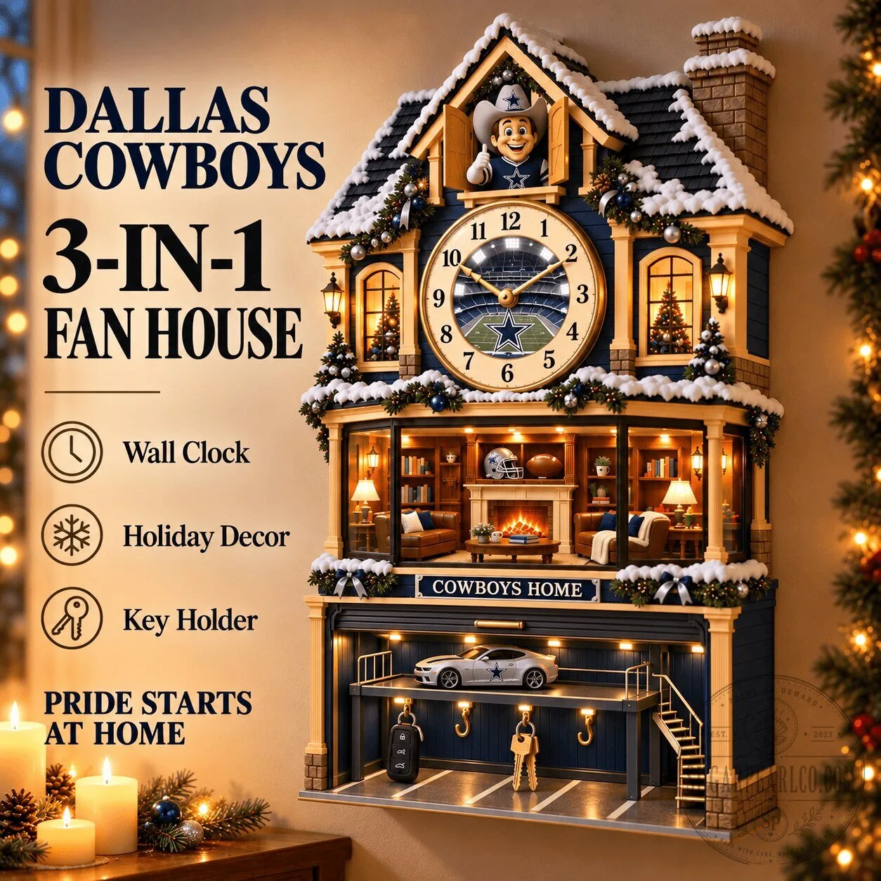 Dallas Cowboys 3-in-1 Fan House Wall Clock with Key Holder