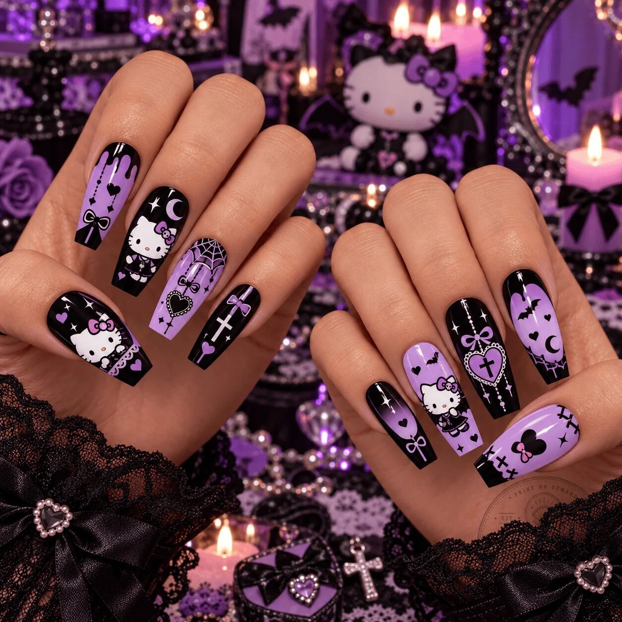 Hello Kitty Gothic Halloween Purple Black Coffin Press-On Nails Set 3 Hello Kitty Gothic Halloween Purple Black Coffin Press-On Nails Set