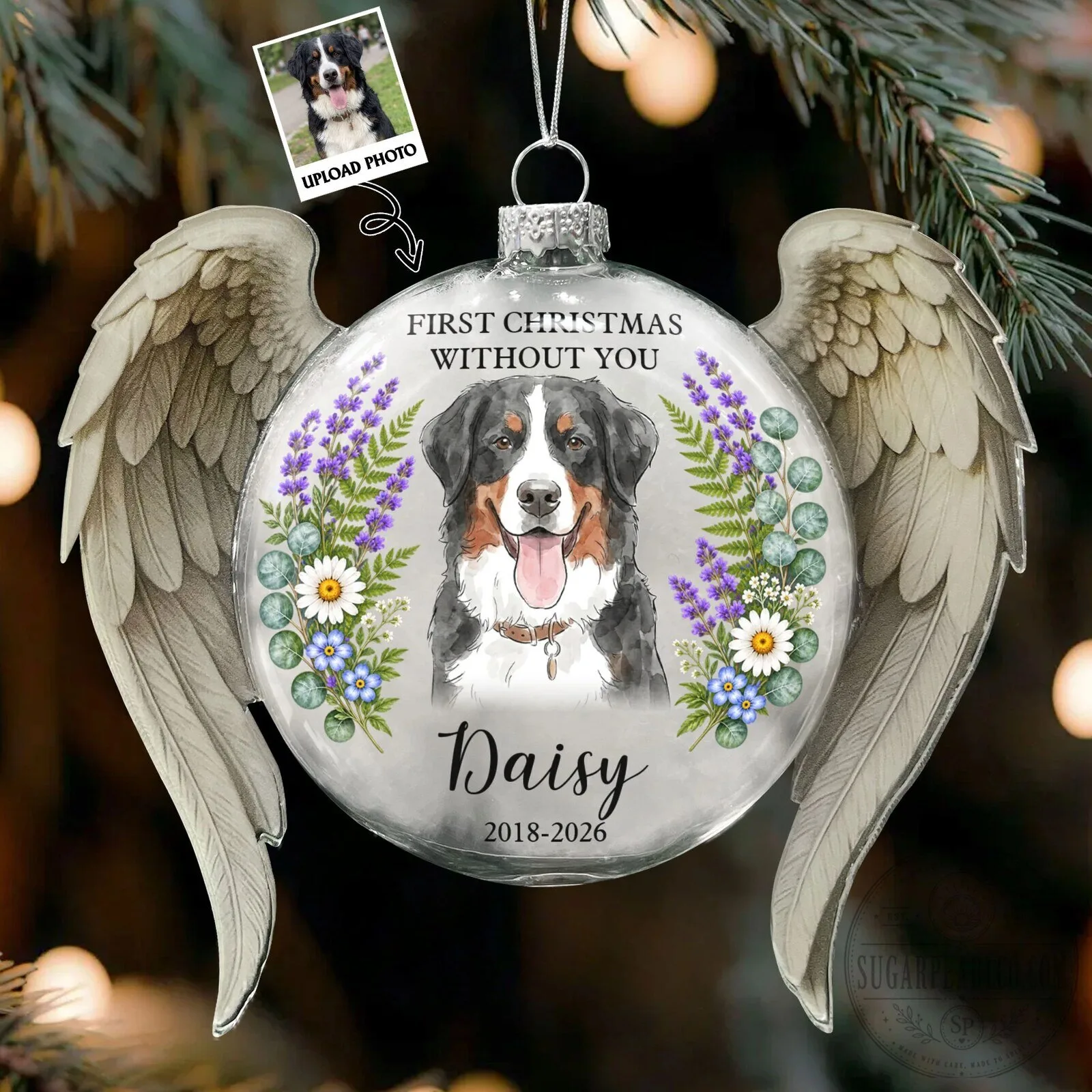 Personalized Pet Memorial First Christmas Without You Angel Wings Ornament