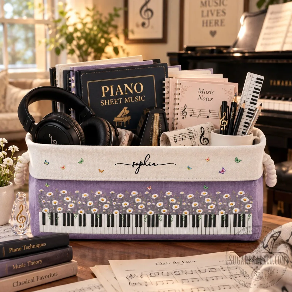Personalized Piano Keyboard Daisy Flower Music Notes Storage Basket Personalized Piano Keyboard Daisy Flower Music Notes Storage Basket