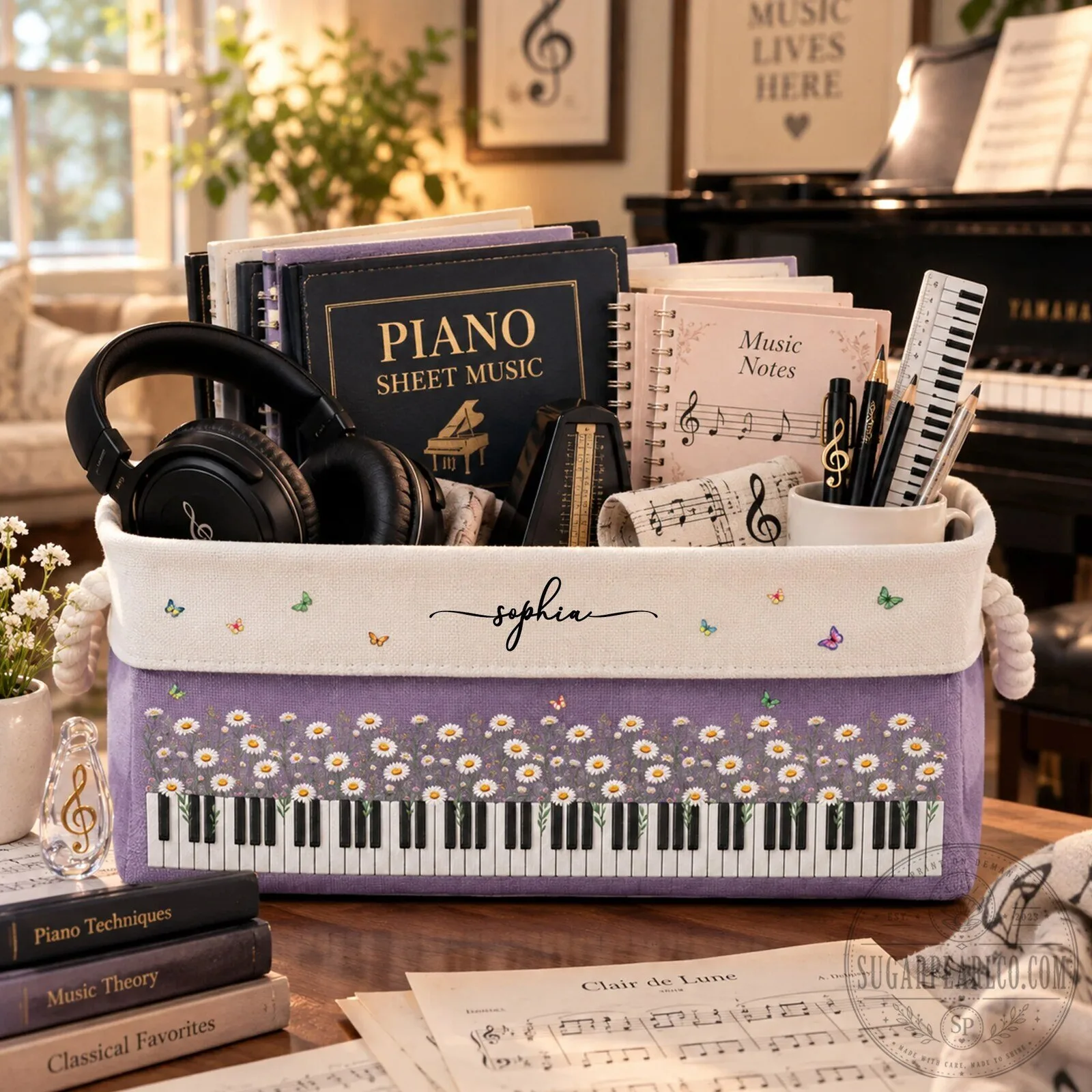 Personalized Piano Keyboard Daisy Flower Music Notes Storage Basket