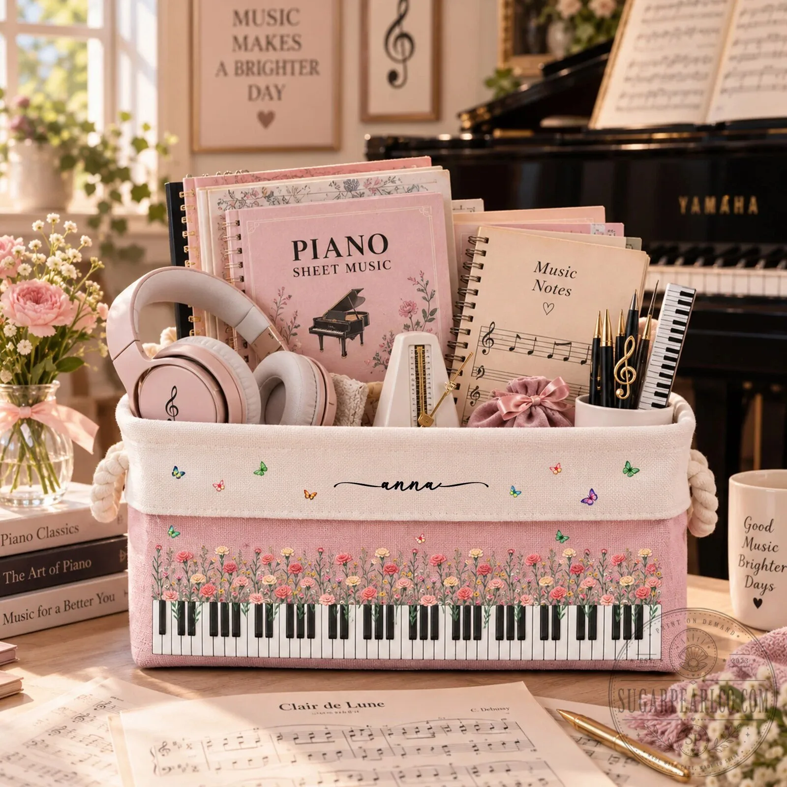 Personalized Piano Keyboard Daisy Flower Music Notes Storage Basket 9 Personalized Piano Keyboard Daisy Flower Music Notes Storage Basket