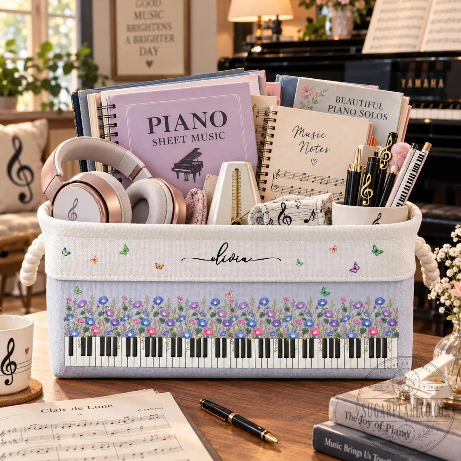 Personalized Piano Keyboard Daisy Flower Music Notes Storage Basket 10 Personalized Piano Keyboard Daisy Flower Music Notes Storage Basket