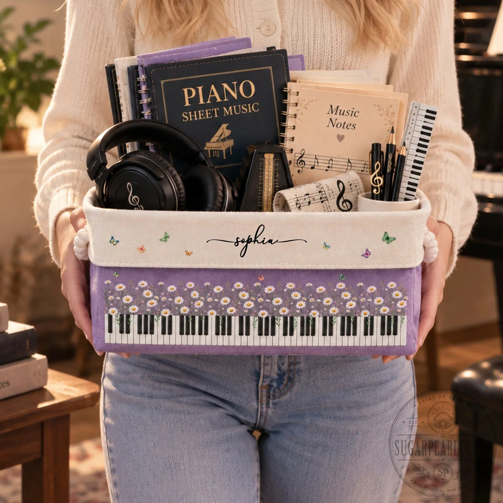 Personalized Piano Keyboard Daisy Flower Music Notes Storage Basket 11 Personalized Piano Keyboard Daisy Flower Music Notes Storage Basket