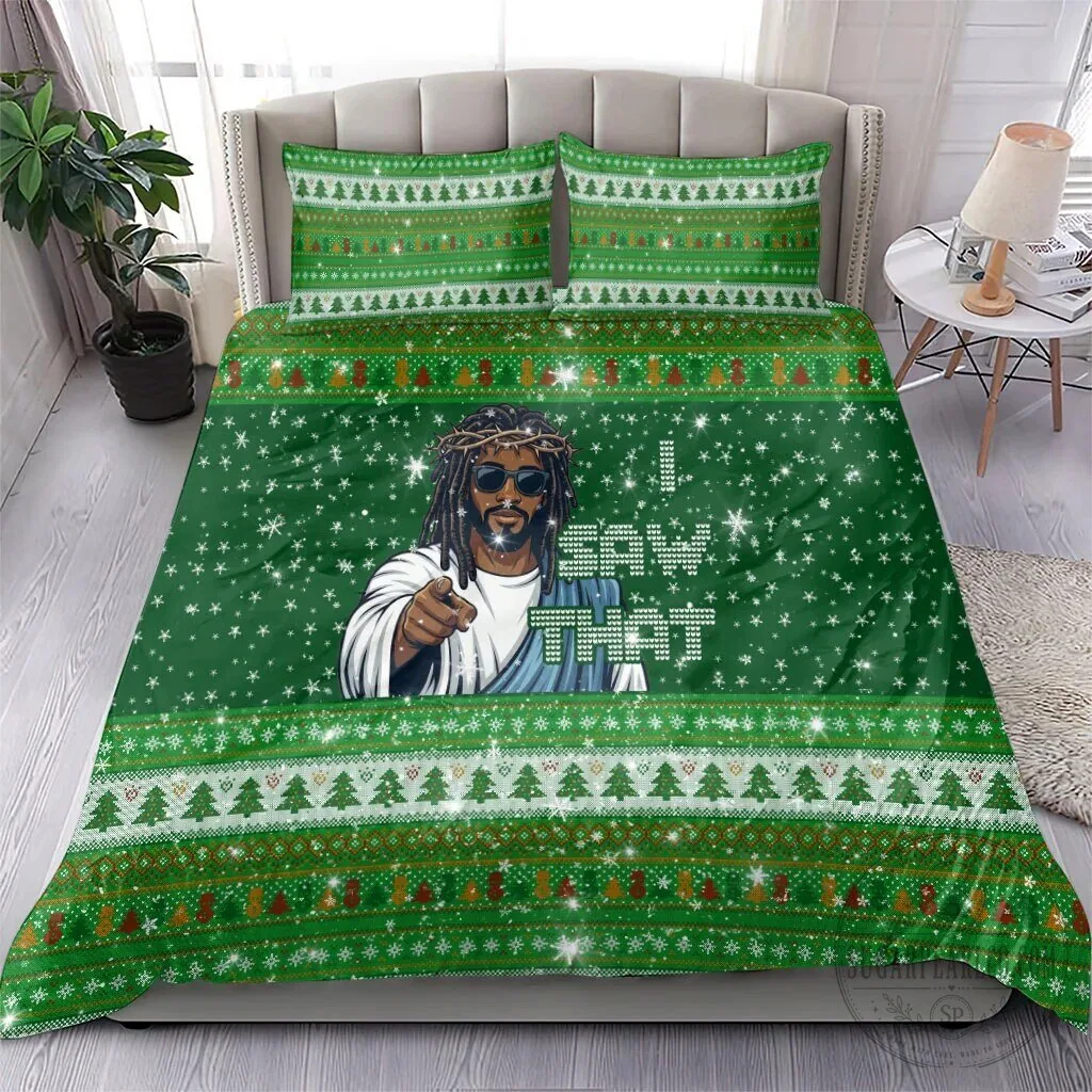 Black Jesus I Saw That Ugly Christmas Sweater Pattern Bedding Set 10 Black Jesus I Saw That Ugly Christmas Sweater Pattern Bedding Set