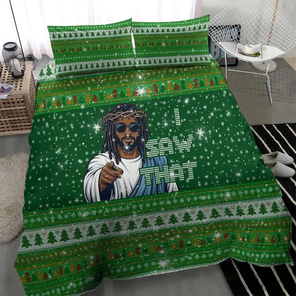 Black Jesus I Saw That Ugly Christmas Sweater Pattern Bedding Set 11 Black Jesus I Saw That Ugly Christmas Sweater Pattern Bedding Set
