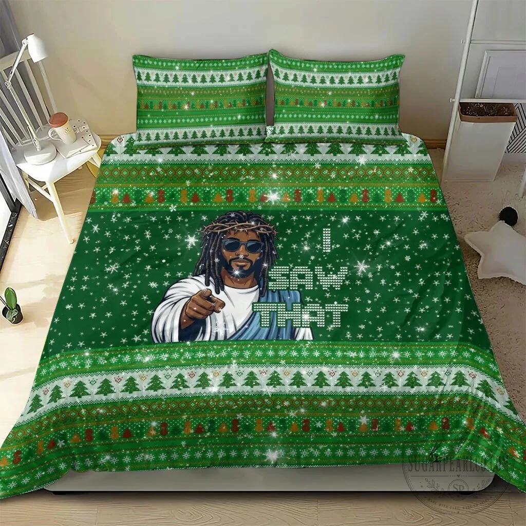 Black Jesus I Saw That Ugly Christmas Sweater Pattern Bedding Set 12 Black Jesus I Saw That Ugly Christmas Sweater Pattern Bedding Set