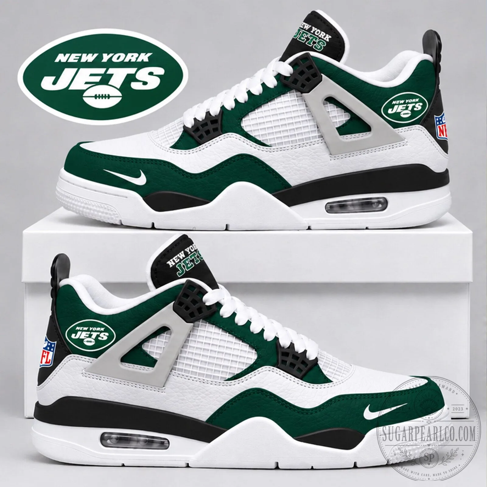 New York Jets NFL Team Logo White and Green Air Jordan 4 Sneakers