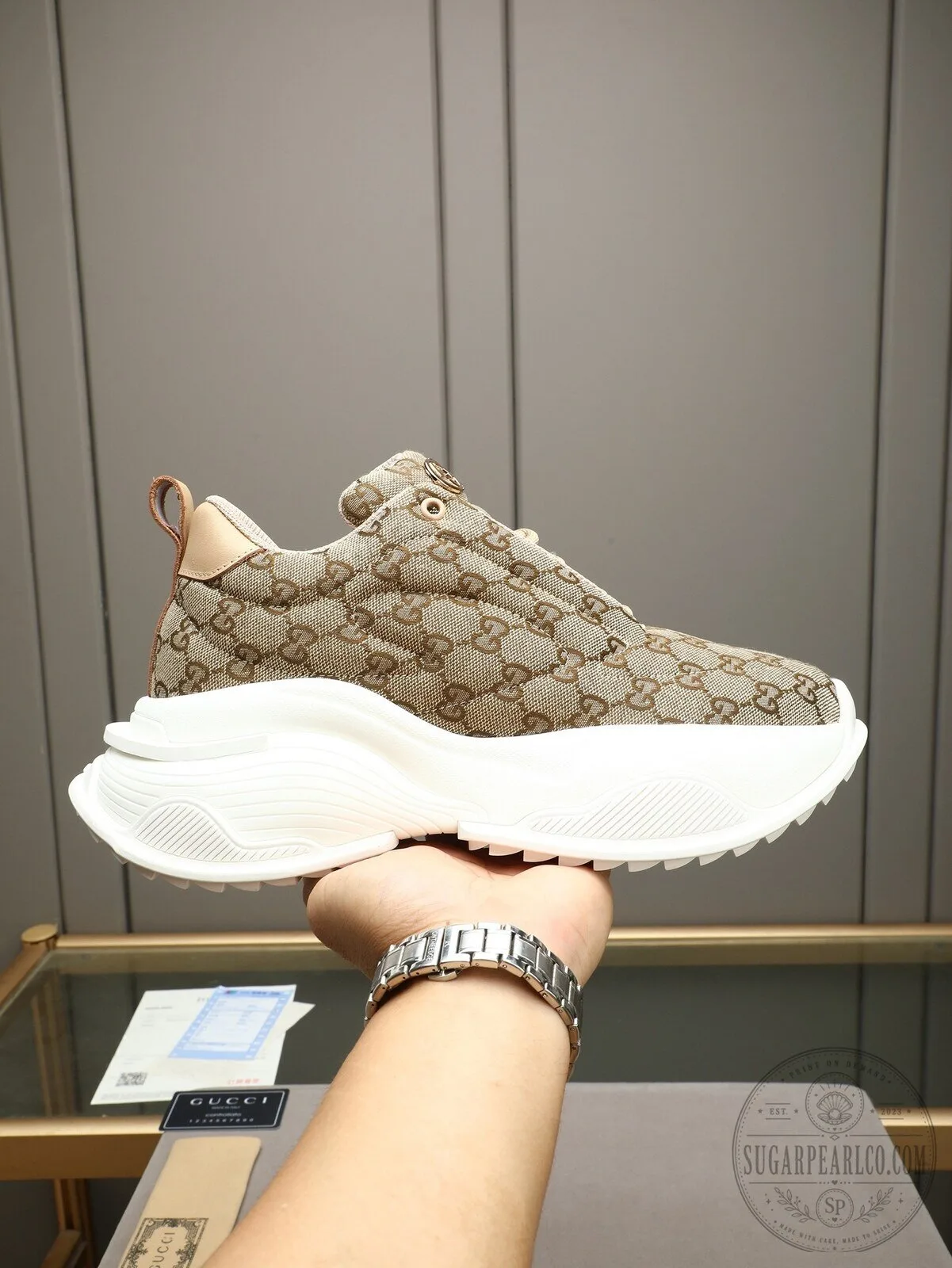 Gucci Monogram Beige Canvas Platform Sneakers for Women